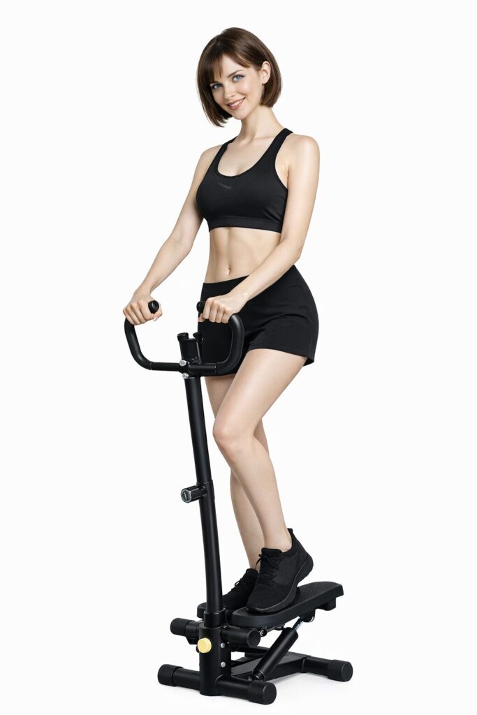 ステッパーで、外に出ず軽々と室内運動を楽しむ女性の画像