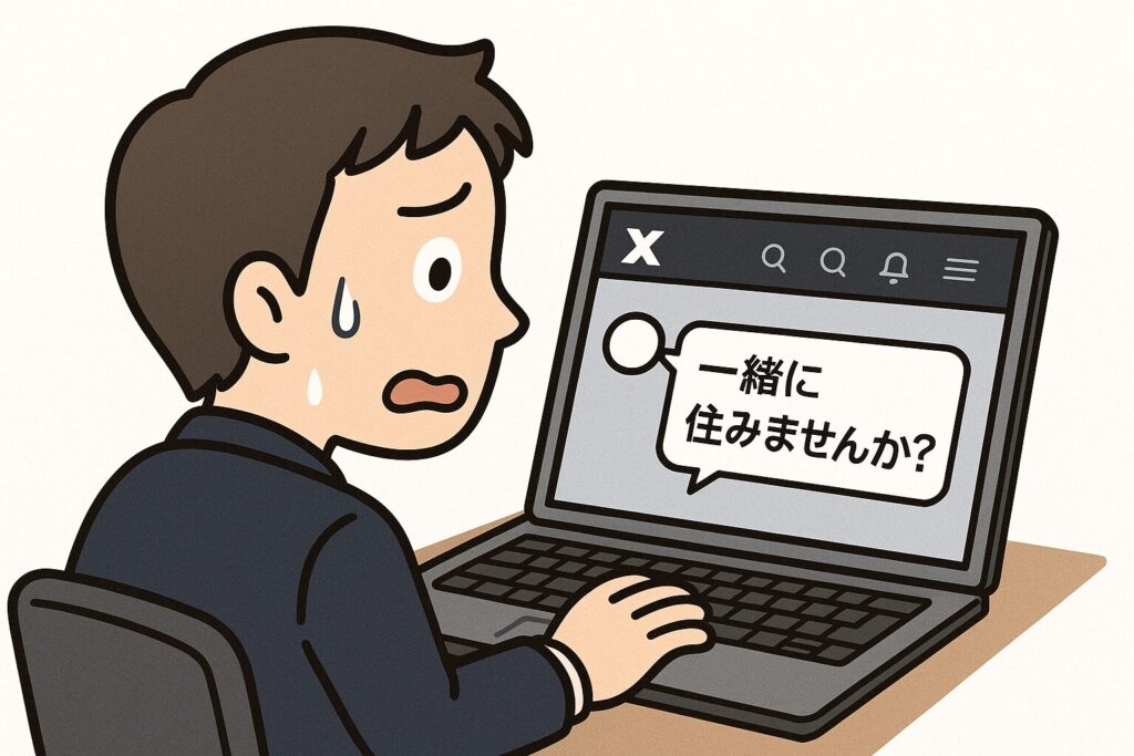 「一緒に住みませんか？？」というDMを唐突にもらって、怯える男性の画像