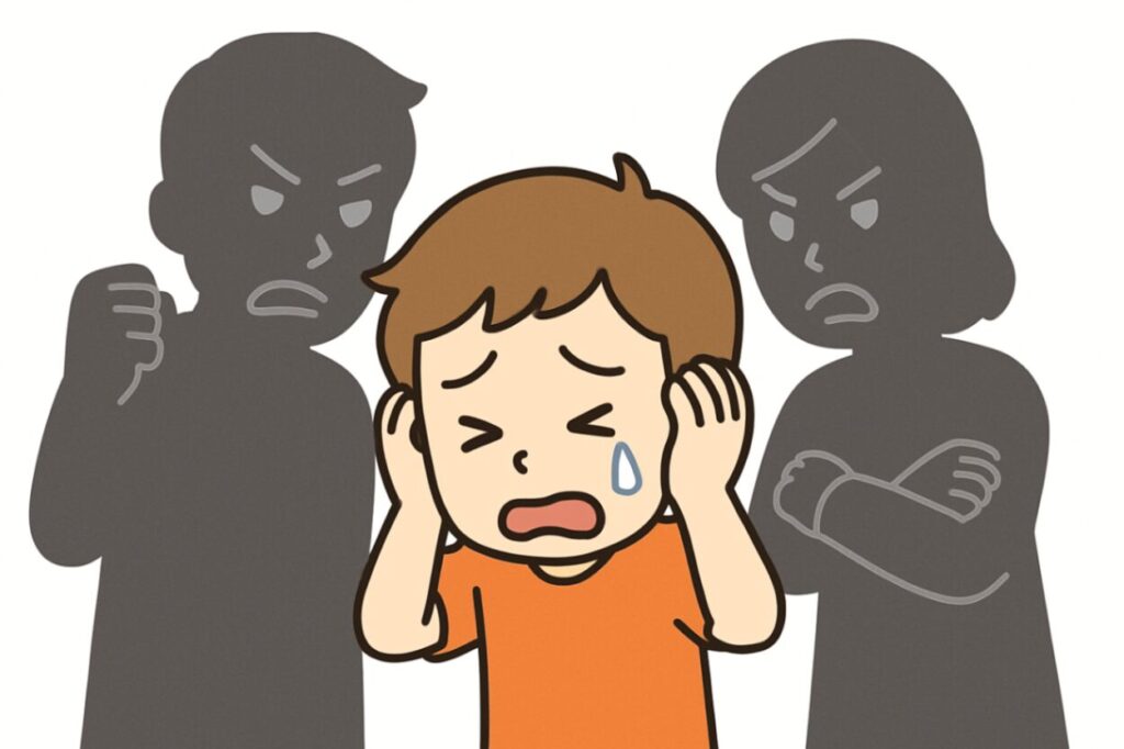 両親に罵られ、困って泣く子どもの画像