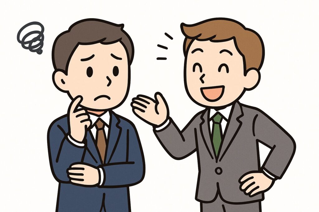 一方的に話してくる人に対し、困っている男性の画像