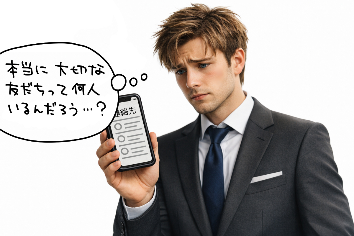 携帯の連絡先が増えすぎて困る男性の画像
