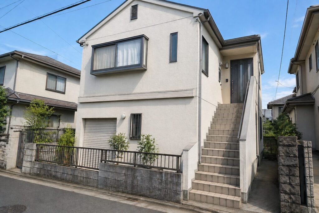 東京23区の閑静な住宅街にある2世帯戸建て賃貸の外観イメージ。2階玄関で、隣人のいない静かな住環境