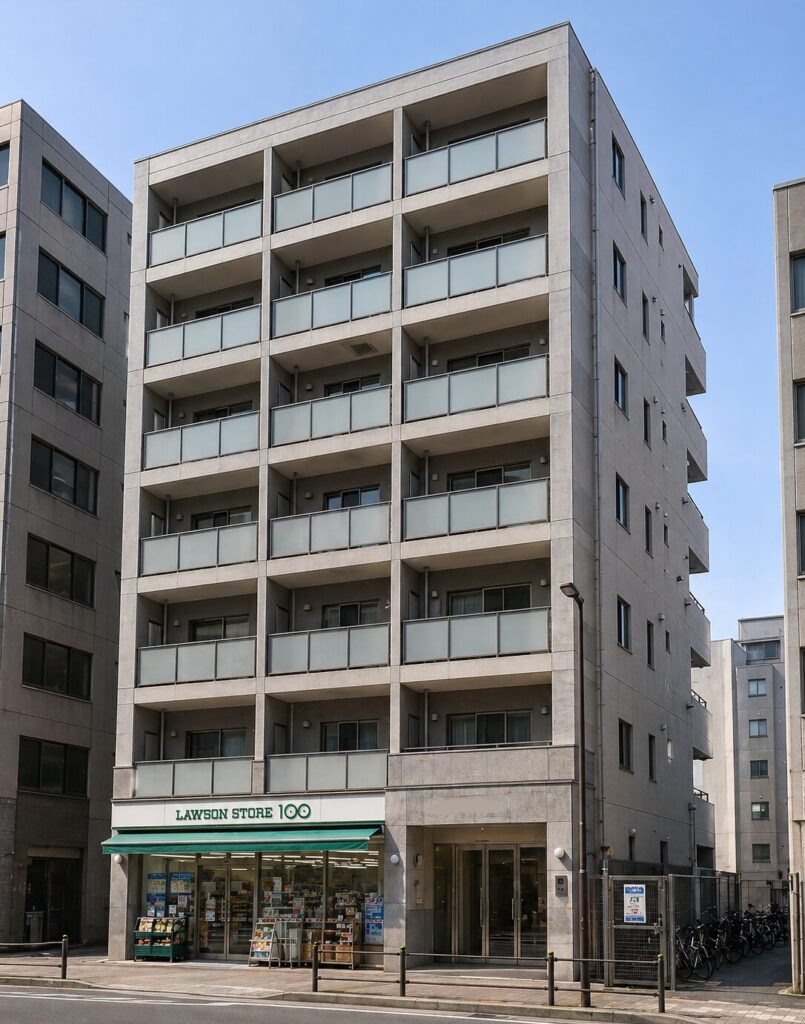 東京23区のRC造マンション外観。1階がコンビニで人の滞留が少なく、騒音リスクが低い物件のイメージ