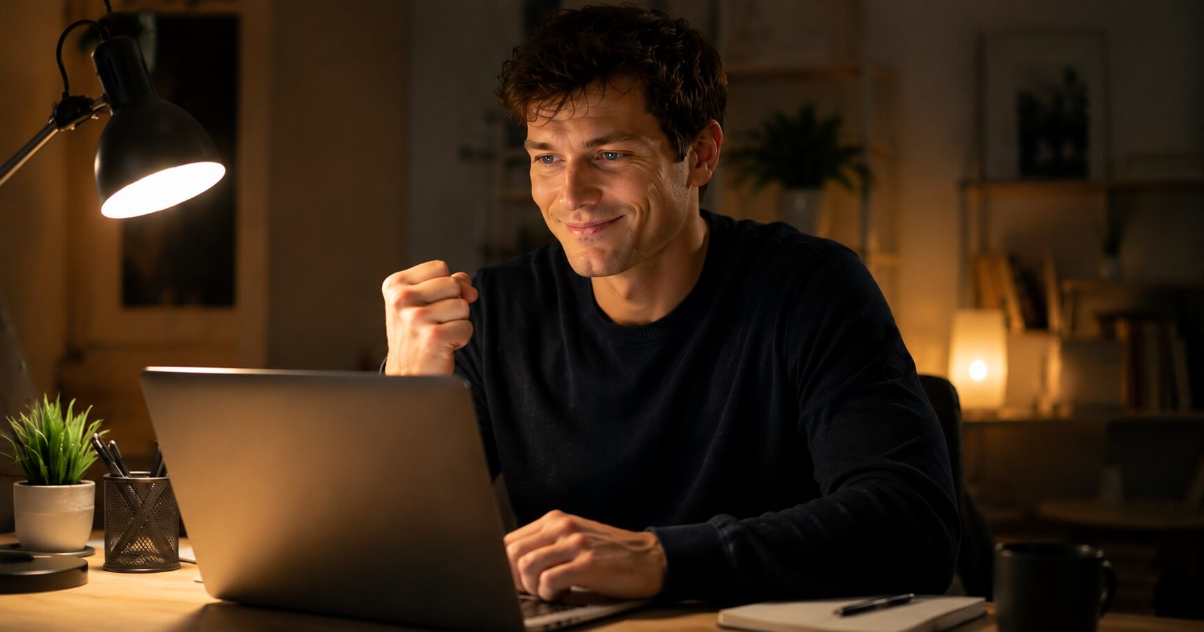 自分が作り上げた仕組みがうまく動き、満足そうな笑顔を見せる青い目の男性がデスクに座っている様子