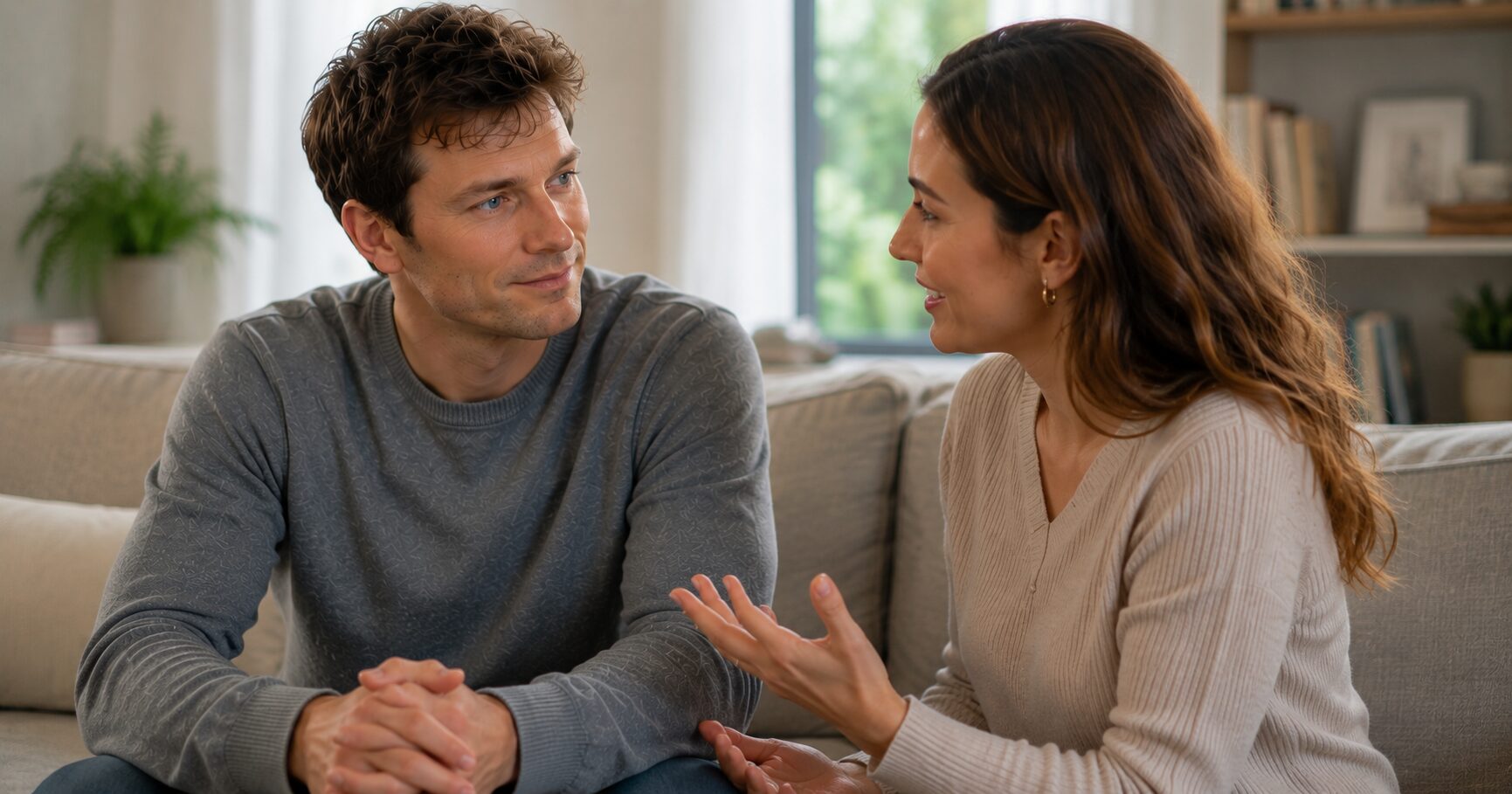 妻が夫の脳のタイプの違いを優しく話し、夫がほっとした表情で頷いている夫婦の様子